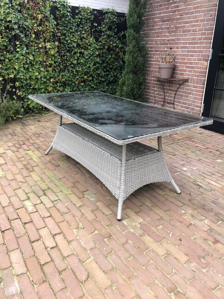 Tuintafel wicker met glazen blad, Ophalen, Gebruikt, Rechthoekig, Overige materialen