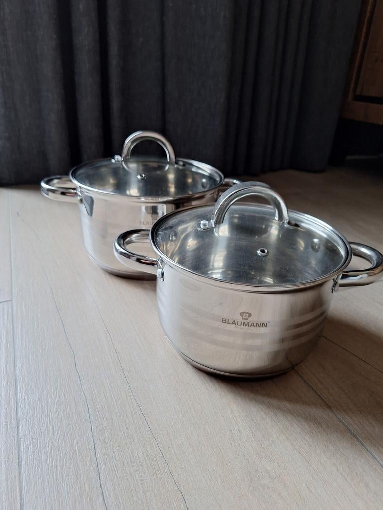 Blaumann Pannenset - 2 RVS pannen met glazen deksels, Pannenset, Ophalen of Verzenden, Zo goed als nieuw, Rvs