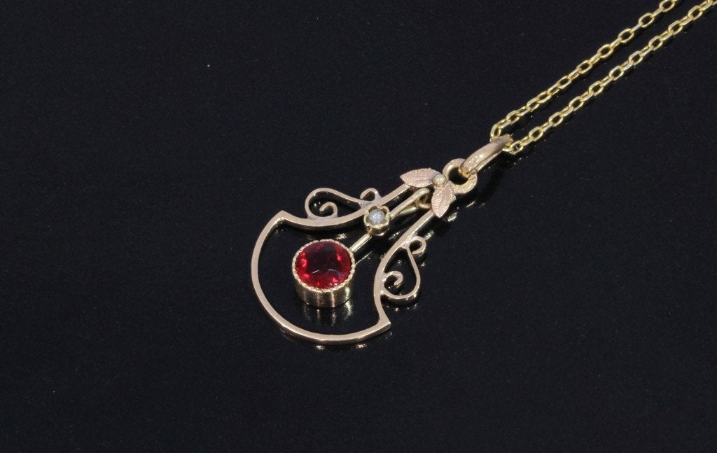 Jugendstil robijn parel 14k goud ketting hanger antiek fraai, Ophalen of Verzenden, Goud, Hanger, Met edelsteen
