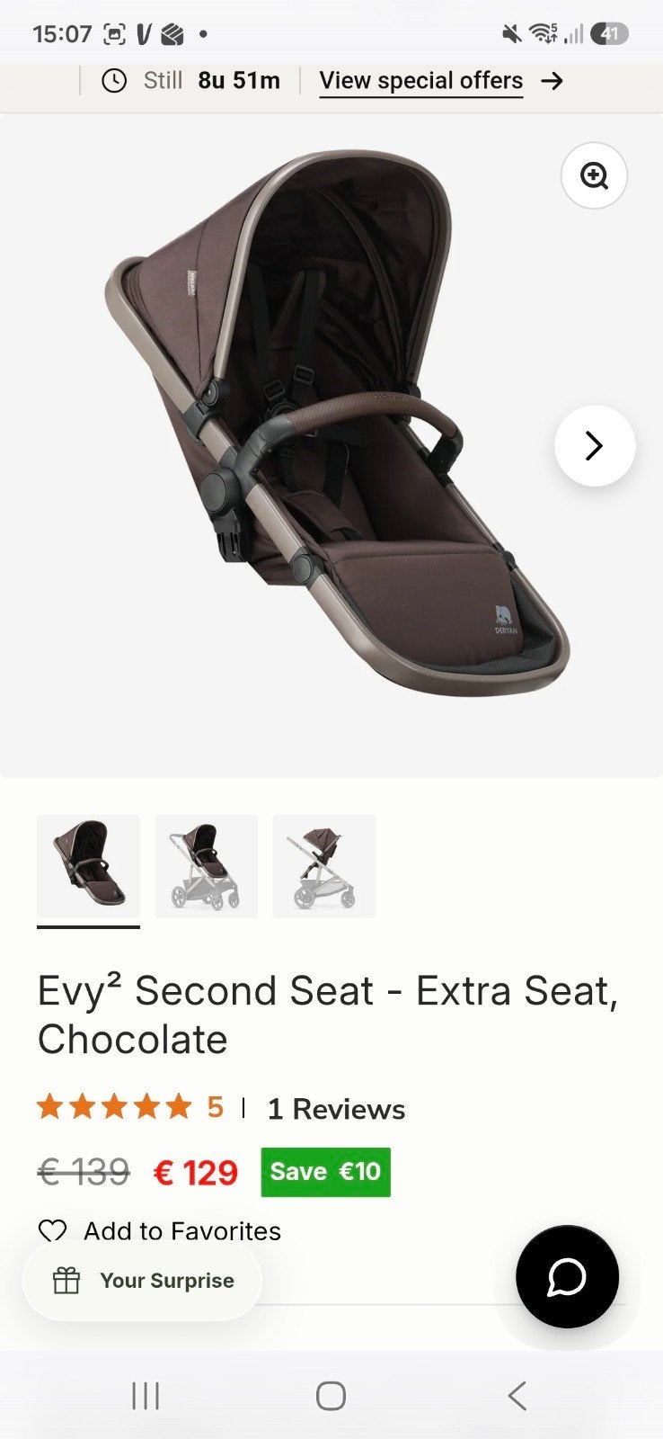 Deryan Evy Second Seat - Chocolade Bruin, Kinderen en Baby's, Ophalen, Nieuw, Kinderwagen, Overige merken