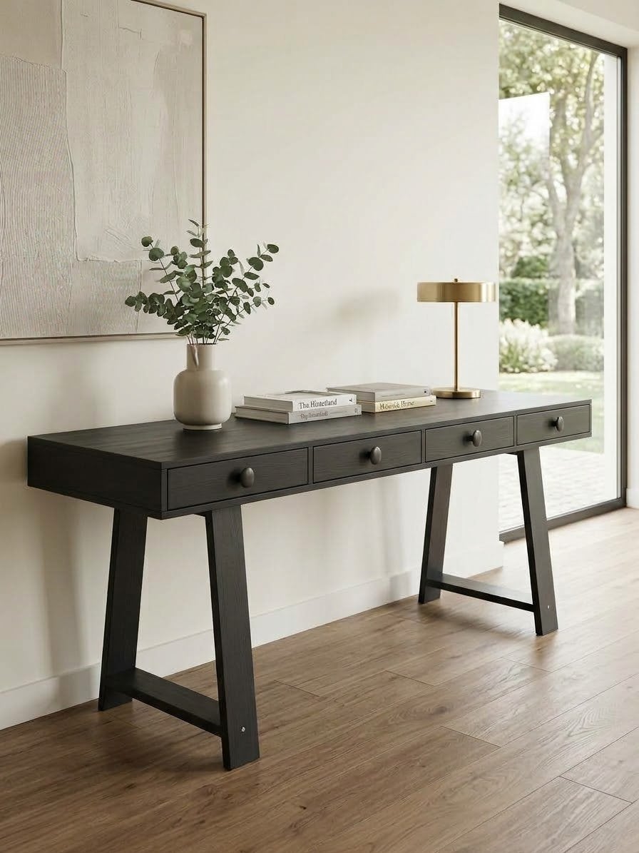 Sidetable/Bureau van vtwonen met 4 lades - Zwart grenen, Ophalen, Gebruikt, 150 tot 200 cm, Grenenhout