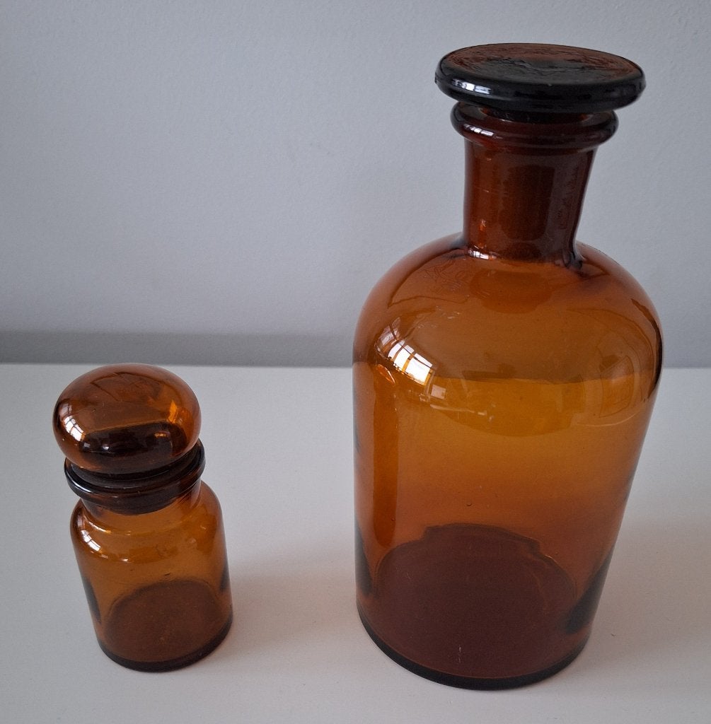 2 x apothekersfles bruin glas flesje met stop apothekerspot, Ophalen of Verzenden, Zo goed als nieuw, Bruin, Glas
