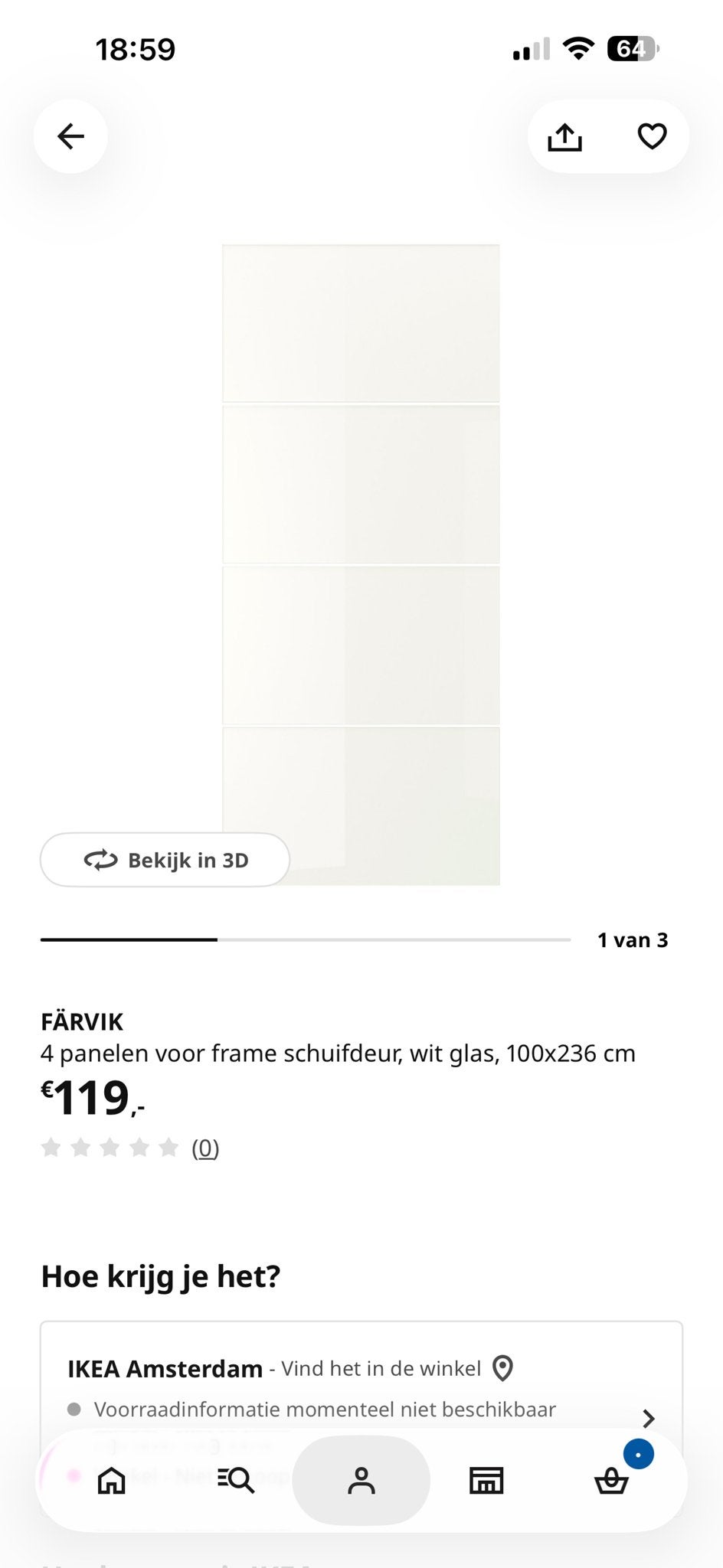 IKEA FÄRVIK Schuifdeurpanelen wit glas 2 stuks, Ophalen, Gebruikt, 200 cm of meer, 50 tot 100 cm
