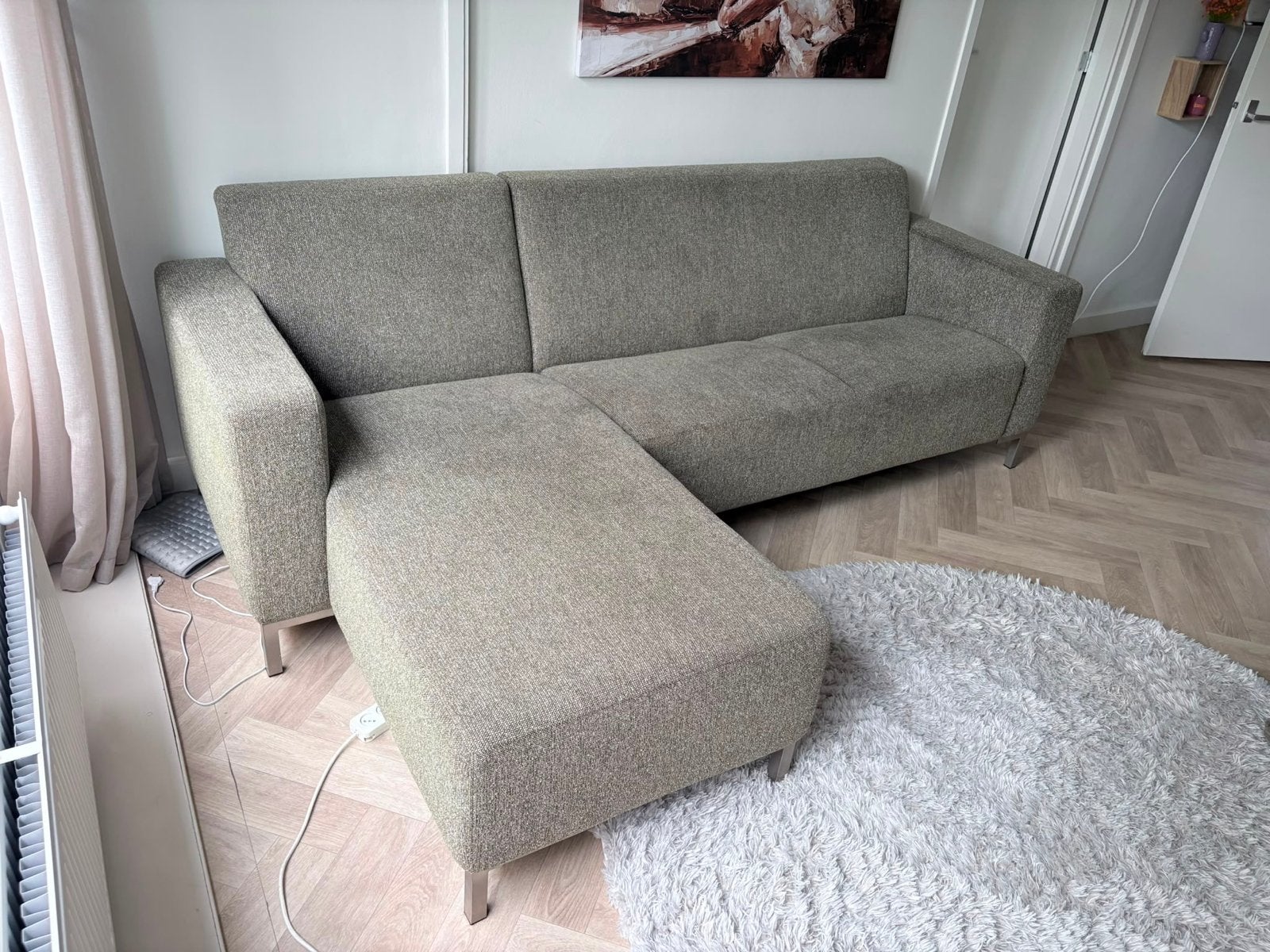 Moderne Montel Hoekbank met Longchair - Grijs/Groen, Ophalen, Gebruikt, Hoekbank, Driepersoons