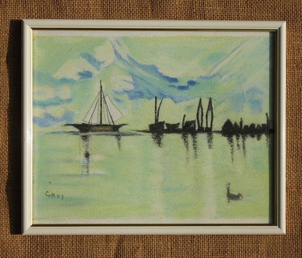 Schilderij gouache op kunstpapier - Zeegezicht    20, Antiek en Kunst, Stilleven, Papier/karton, Gelimiteerde oplage, Ophalen of Verzenden