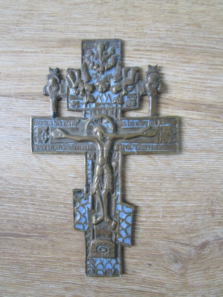 Antieke kruis Russisch Orthodox 19e eeuw met blauw emaile, Verzenden