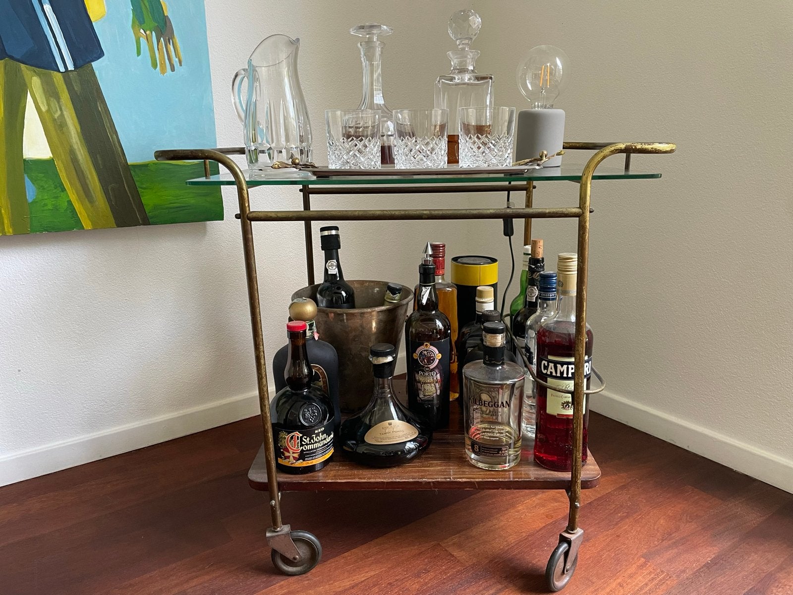 Vintage serveerwagen / drank trolley met glas en hout, Huis en Inrichting, Tafels | Bijzettafels, Ophalen, Gebruikt, 75 cm of meer