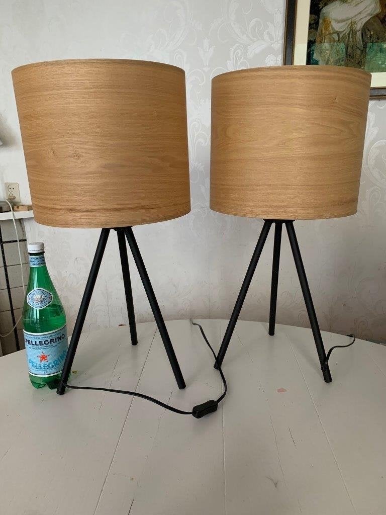 Set van 2 Dutchbone design tafellampen met eiken fineer kap, Ophalen, 57 cm, Met schakelaar, Scandinavisch