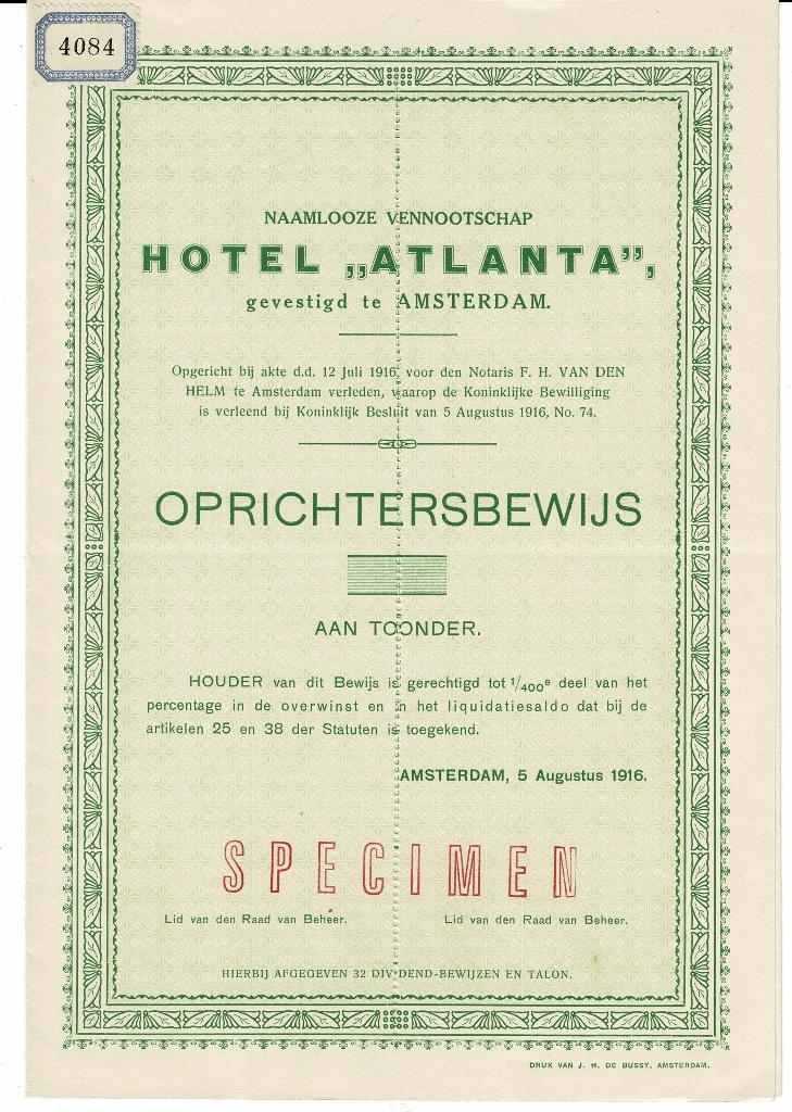 Hotel Atlanta - Amsterdam 1916 - Oprichtersbewijs, Postzegels en Munten, Aandelen en Waardepapieren, Verzenden, Voor 1920, Overige typen