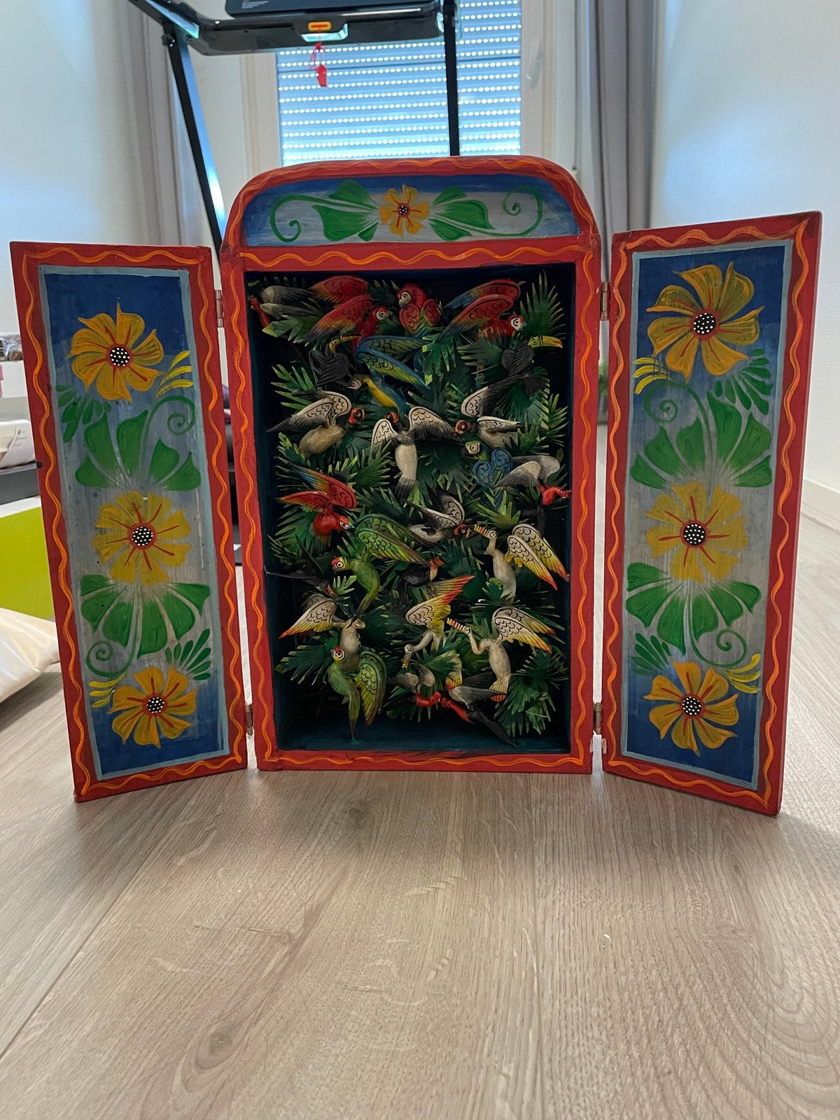 Uniek handgesneden houten kunstwerk met vogels, Hout, Mexico, Ophalen of Verzenden, Meerkleurig