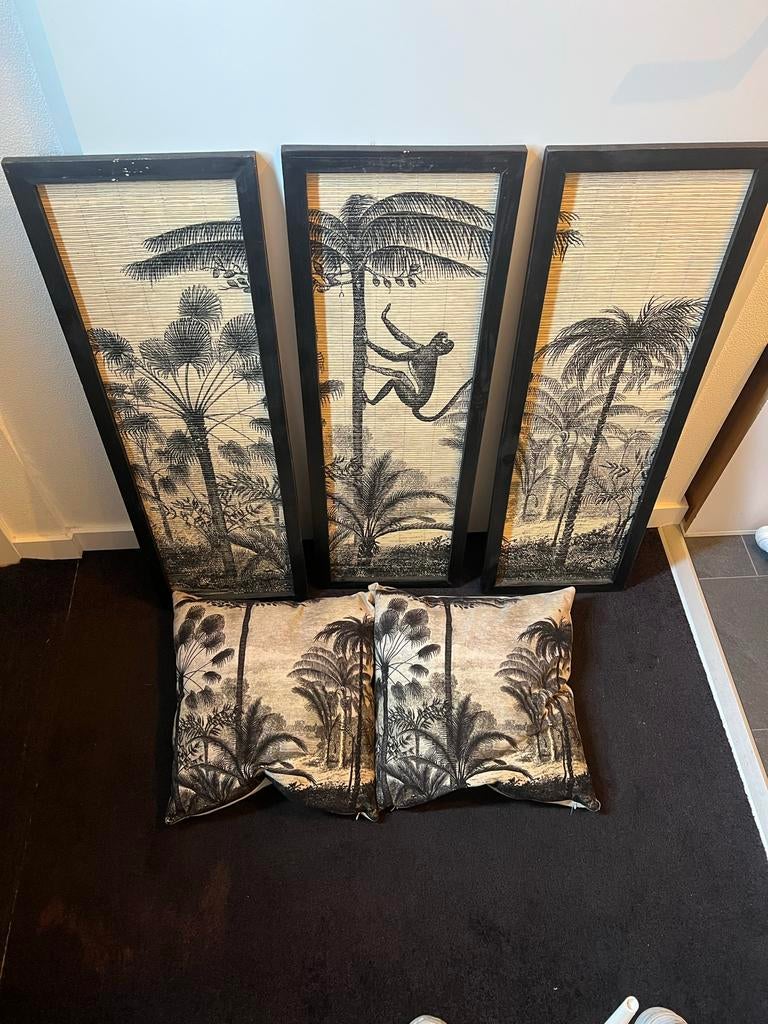 Schilderijen & kussens met jungle/palmboom print, Huis en Inrichting, Ophalen, Gebruikt, Zwart, Rechthoekig