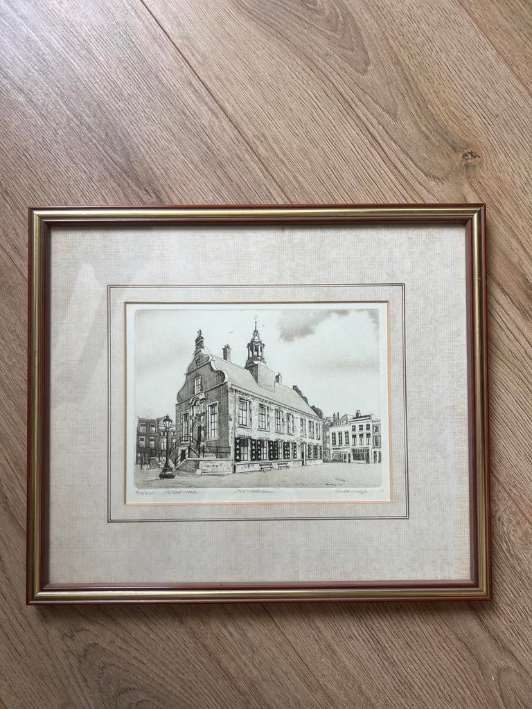 Ets van het Stadhuis in Rotterdam, ingelijst, Architectuur, Ophalen of Verzenden, Gesigneerd, 1950 - 1999