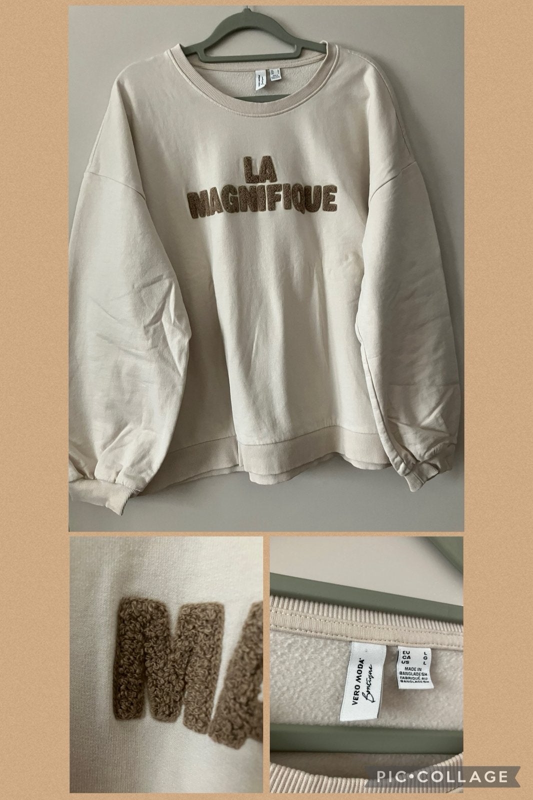 beige sweater bruine wollige tekst/L-Vero moda, Ophalen of Verzenden, Zo goed als nieuw, Maat 42/44 (L), Beige