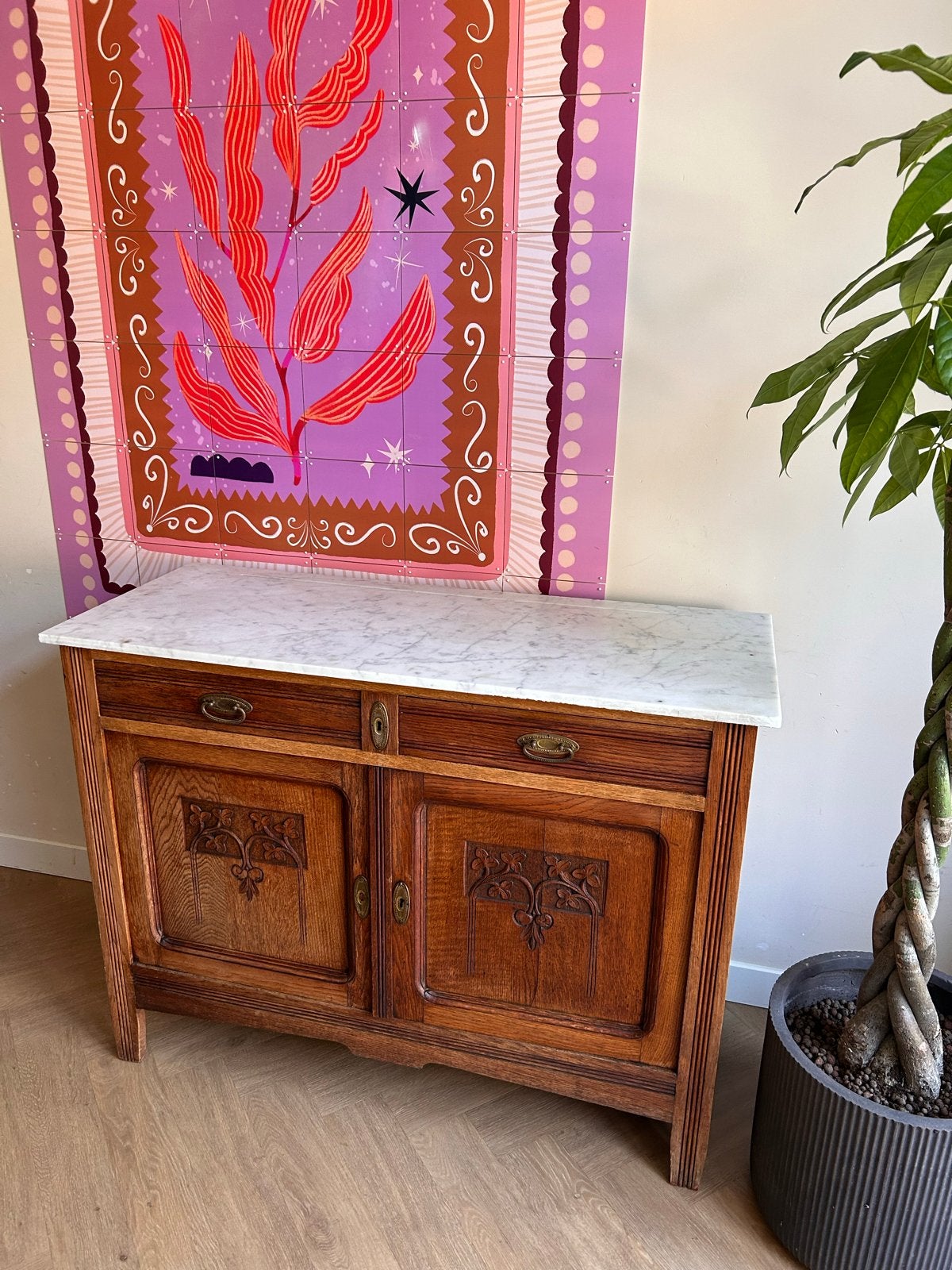 Vintage dressoir of badkamermeubel met echt marmer blad, Ophalen, Gebruikt, 25 tot 50 cm, Met deur(en)