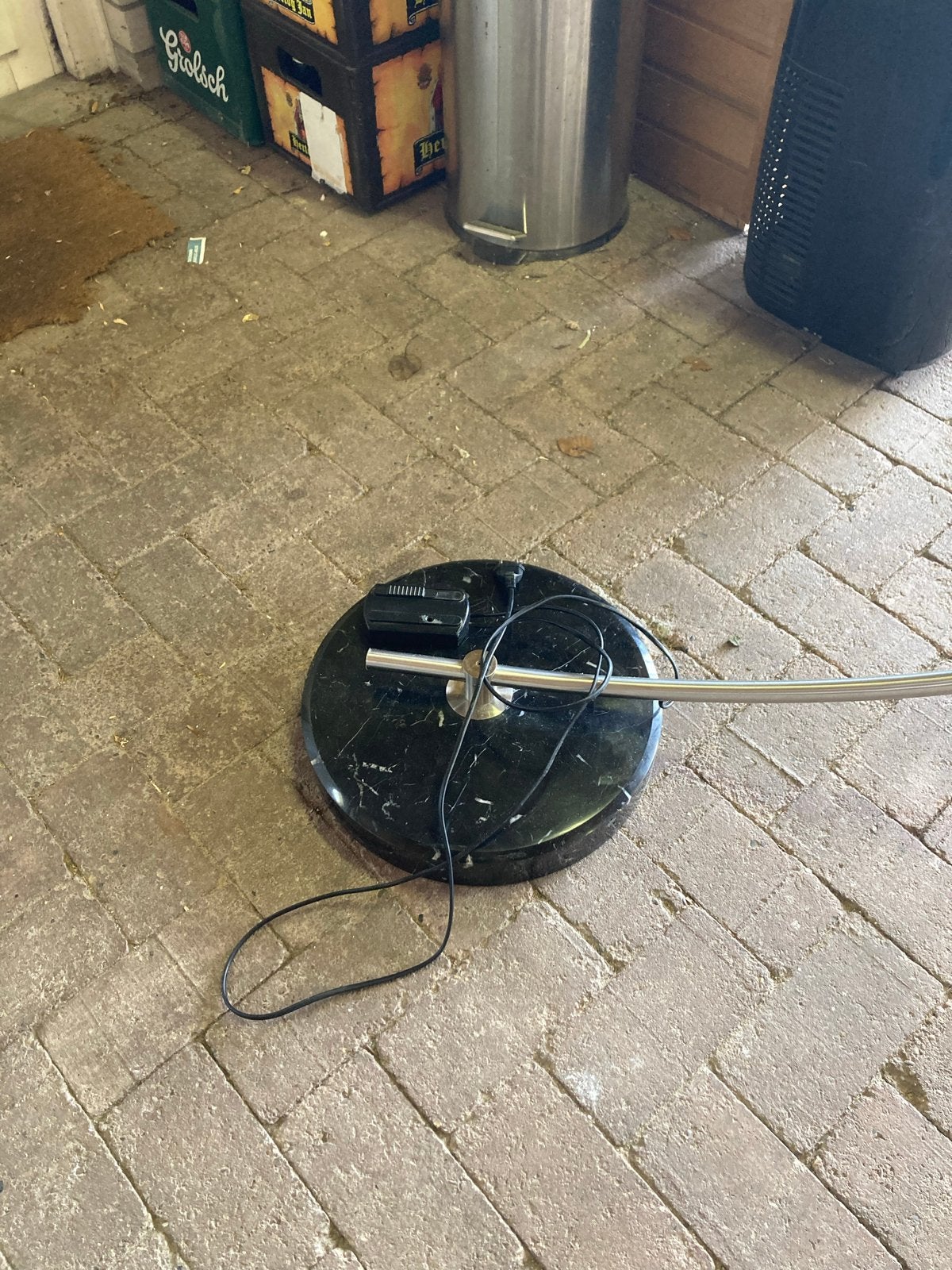 Moderne booglamp met marmeren voet en zwarte kap, Ophalen, Gebruikt, Metaal, 200 cm of meer