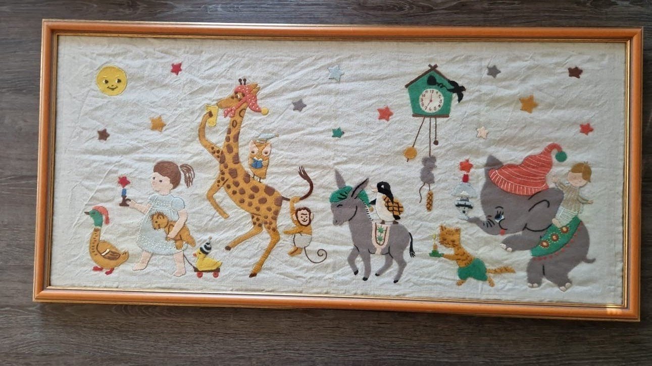 Handgemaakt doek vilt op stof 'Bedtijd', ca. 35 x 80 cm, Ophalen, Gebruikt, Minder dan 50 cm, Overige typen
