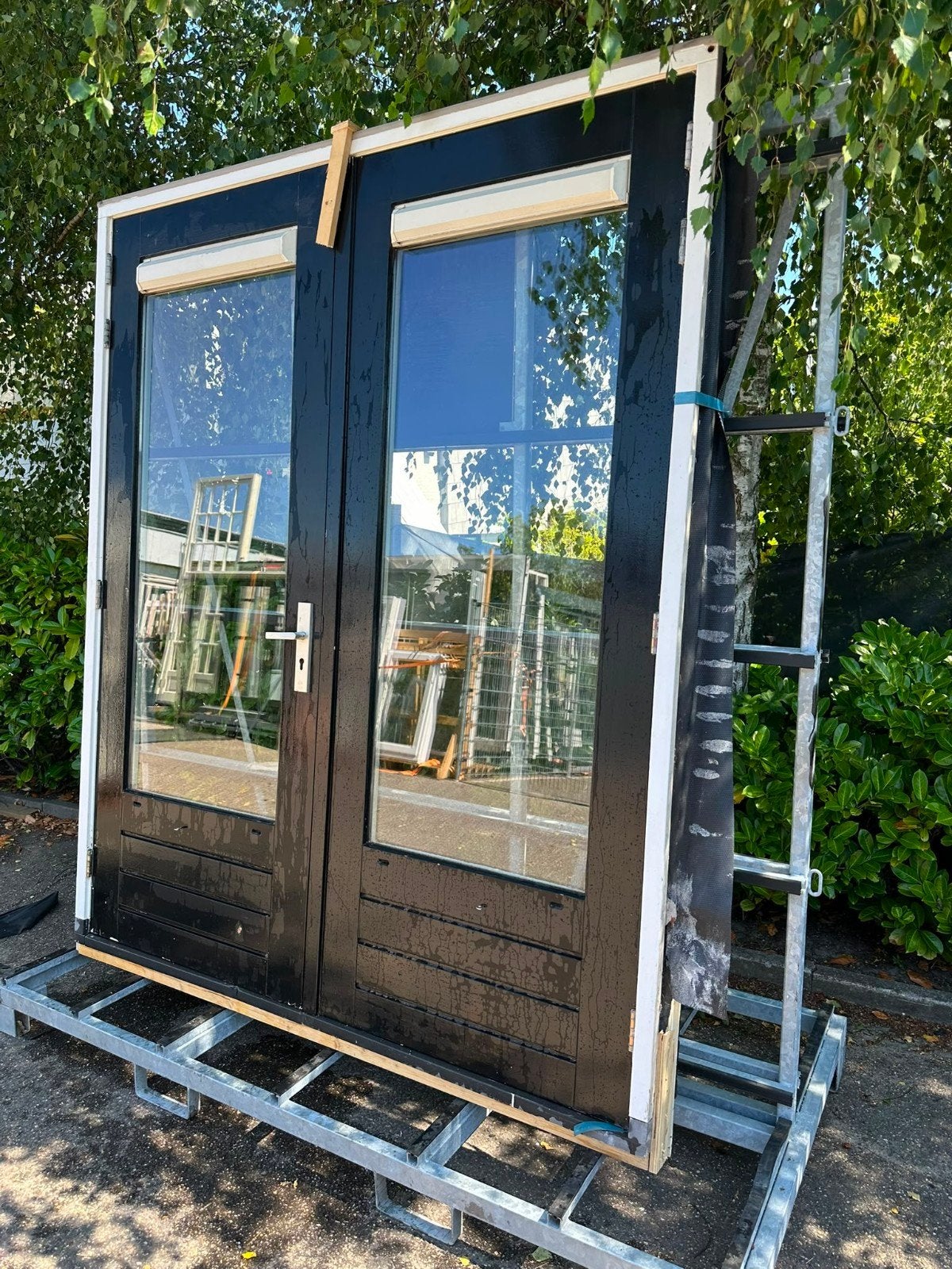 Kozijn met dubbele tuindeuren, Ophalen, 120 cm of meer, 200 tot 215 cm, Glas