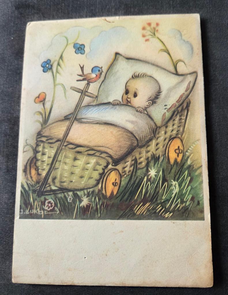 Baby in een rieten kinderwagen - Hummel, Verzenden, 1940 tot 1960, Gelopen, Kinderen