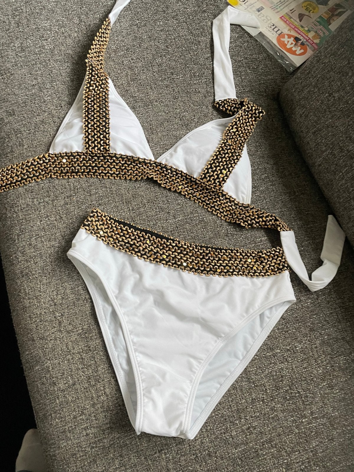 Witte bikini met gouden pailletten - Maat XL, Ophalen of Verzenden, Zo goed als nieuw, Wit, Bikini