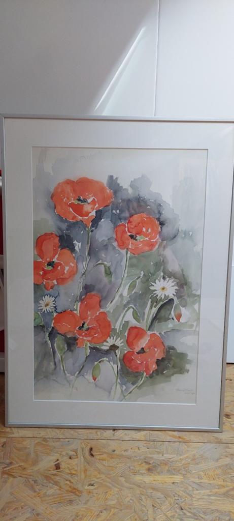 Aquarel schilderij met klaprozenmotief, Antiek en Kunst, Ophalen of Verzenden
