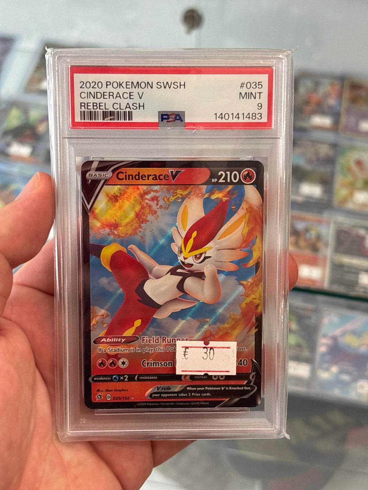 Cinderace V (Rebel Clash) PSA 9 Mint Pokémon Kaart, Ophalen of Verzenden, Zo goed als nieuw, Losse kaart