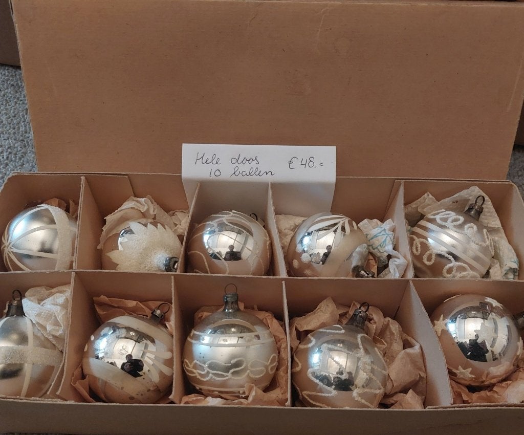 10 antieke kerstballen in doos, Diversen, Ophalen of Verzenden, Gebruikt