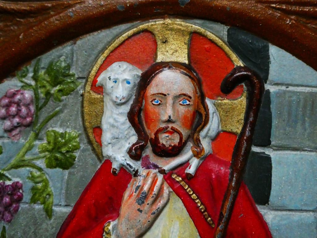 Plaquette Jezus De Goede Herder geschilderd gietijzer, Ophalen of Verzenden