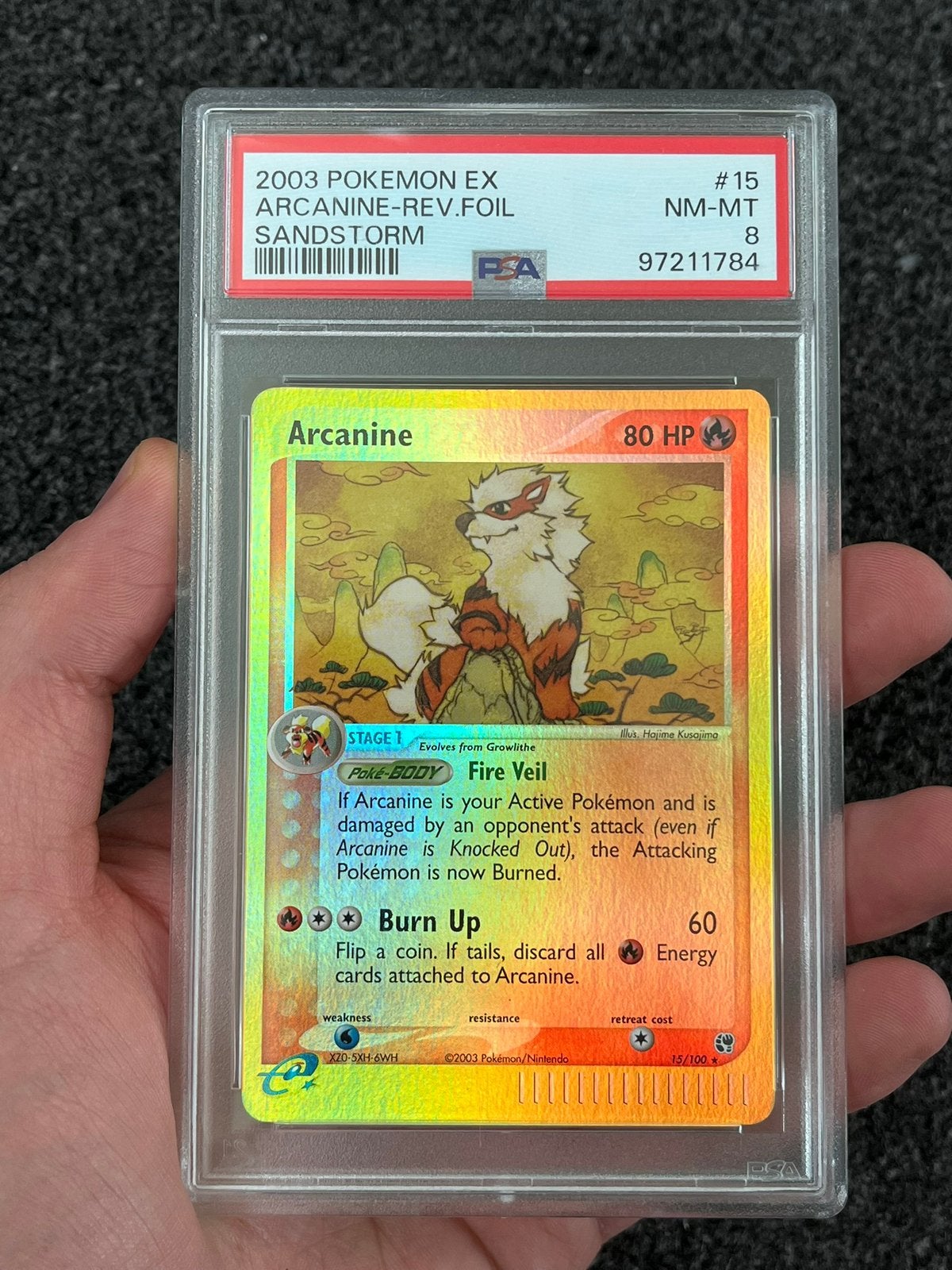 Pokémon PSA 8 Arcanine Reverse holo #15 Sandstorm, Ophalen of Verzenden, Zo goed als nieuw, Losse kaart, Foil