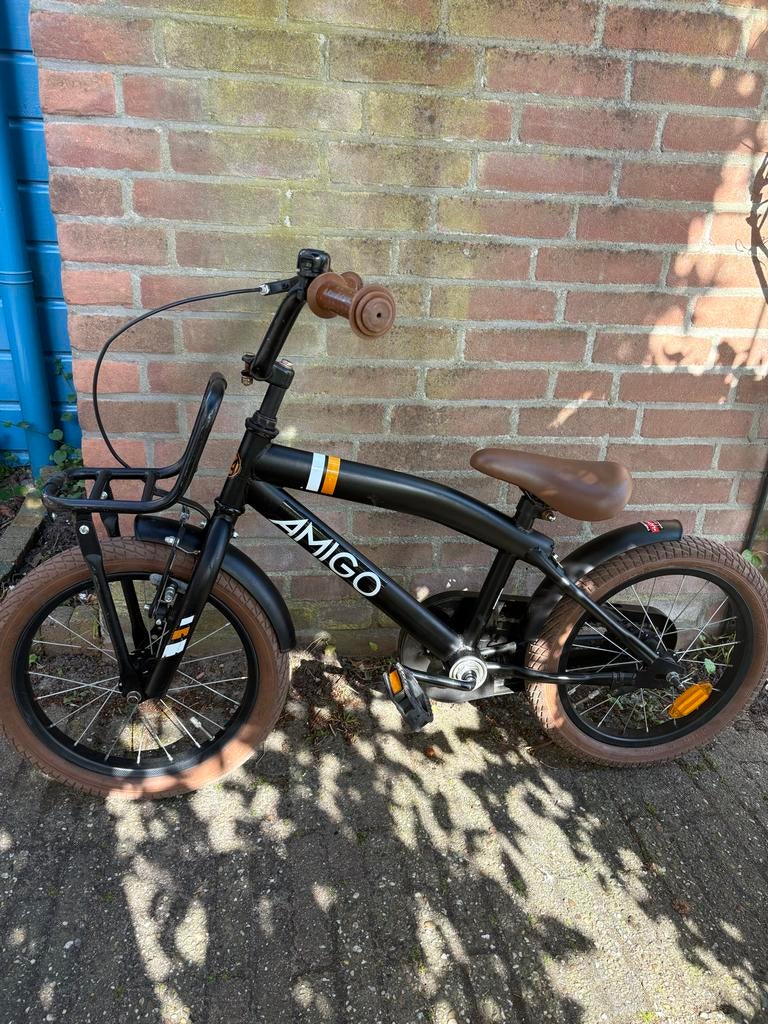 Amigo Kinderfiets Zwart/Bruin, Ophalen of Verzenden, Gebruikt, Terugtraprem, 16 inch