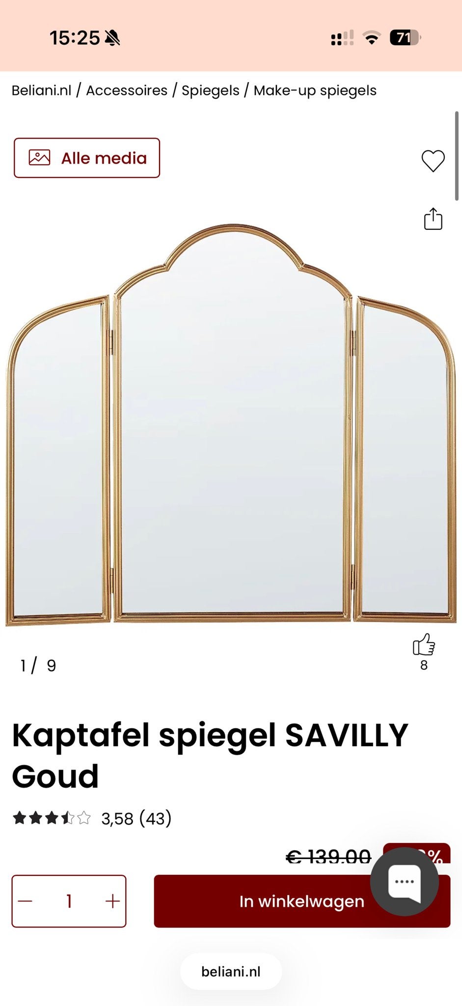 Kaptafel spiegel SAVILLY Goud opzoek!!!, 100 tot 150 cm, Ophalen of Verzenden, Zo goed als nieuw, 75 tot 100 cm