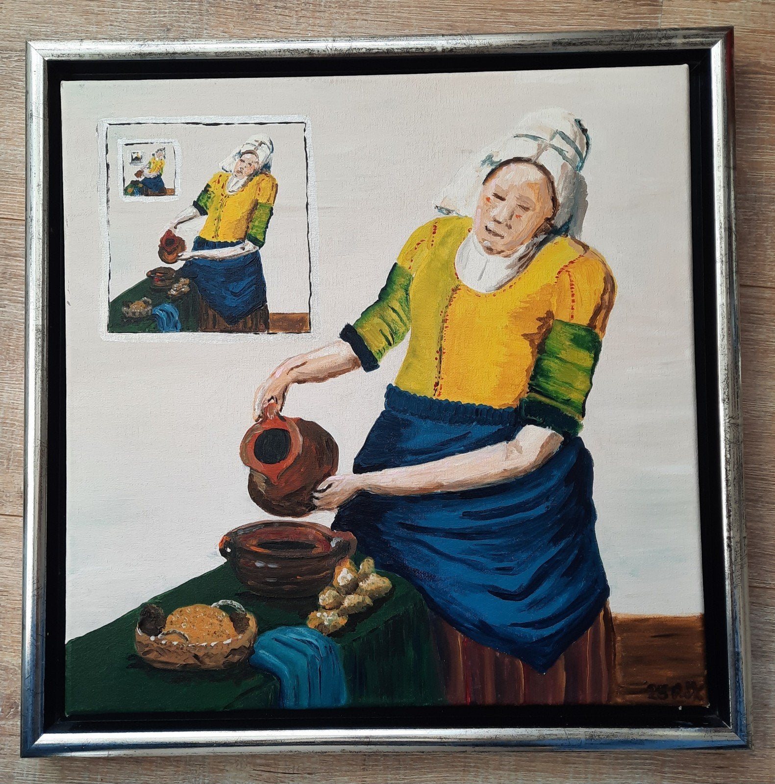 Het Melkmeisje met Droste-effect - Acryl op doek, ingelijst, Acrylverf, Nederlandse school, Doek, Portret of Personen