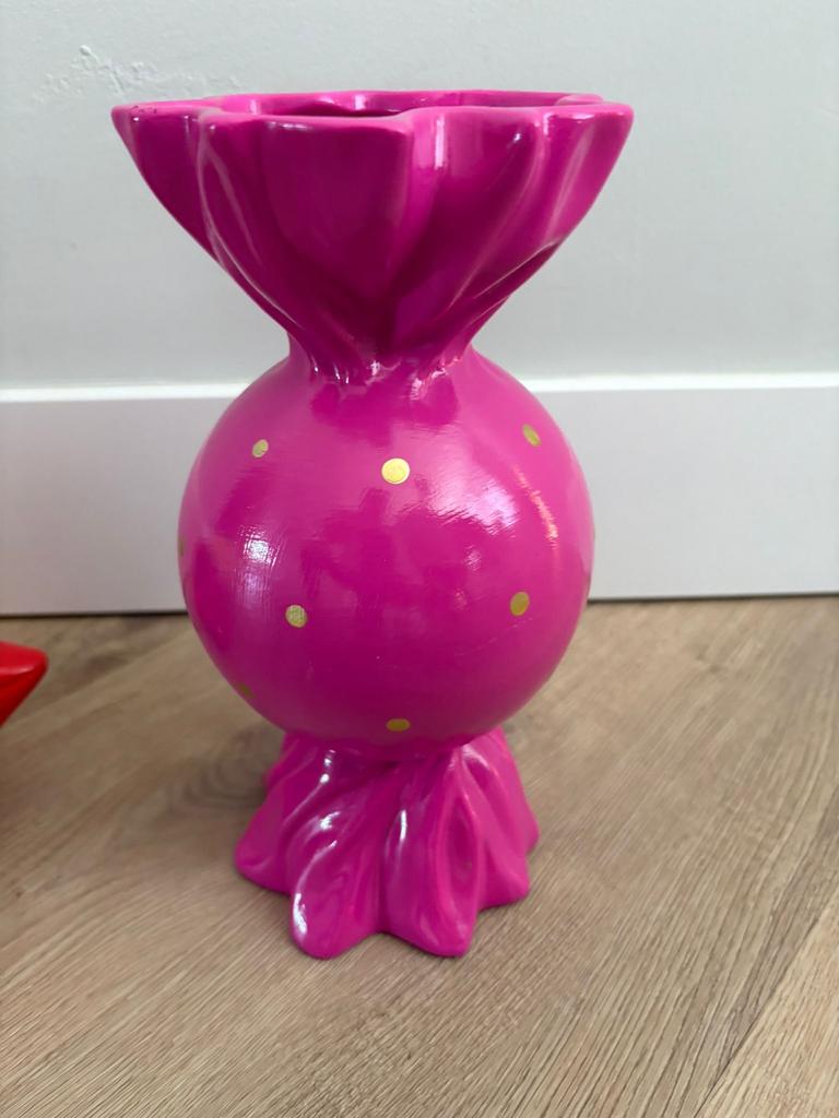 Moderne fuchsia snoepjes vaas met gouden stippen, Overige kleuren, Aardewerk of Porselein, Ophalen of Verzenden, Zo goed als nieuw