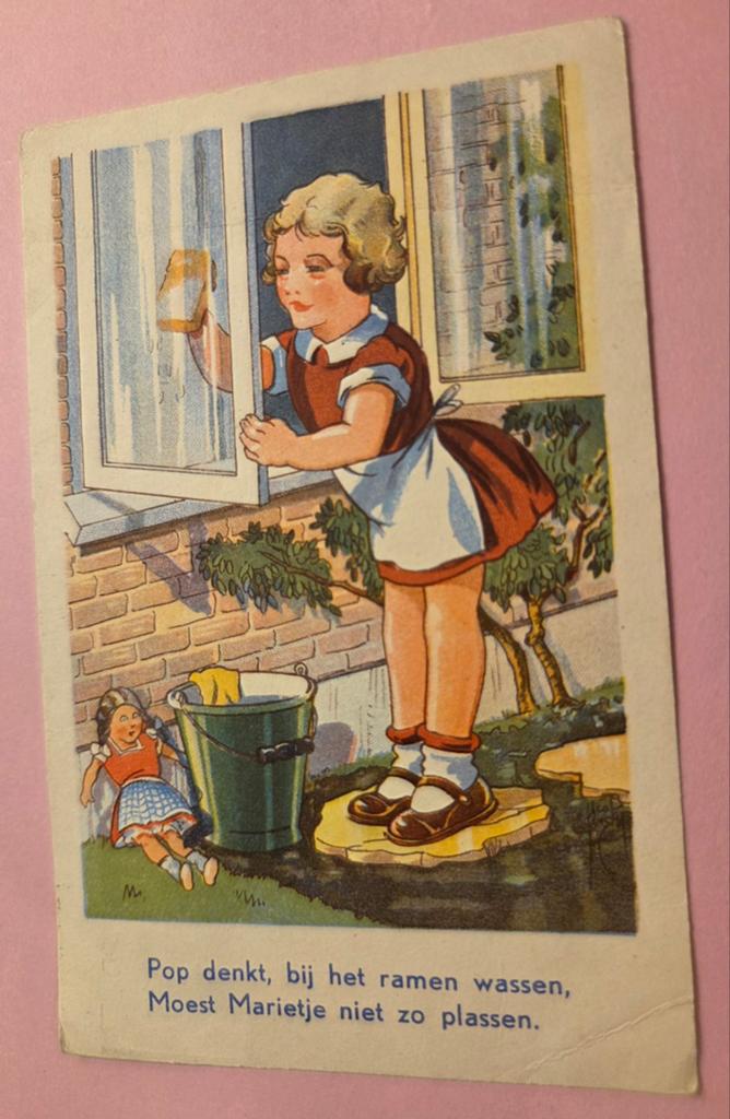 Meisje aan het ramen wassen - met versje - Jacob Jansma, Verzenden, 1940 tot 1960, Gelopen, Kinderen