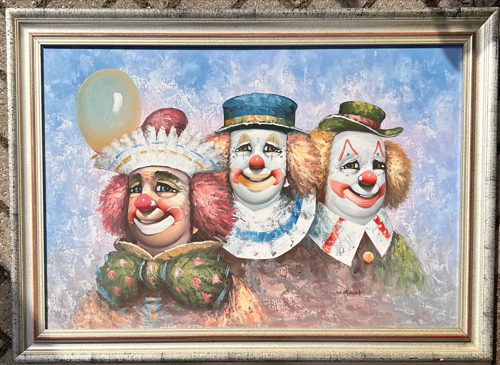 Schilderij Drie Clowns - Gesigneerd W.H. Morinet, Doek, Portret of Personen, Realistisch, Ophalen of Verzenden