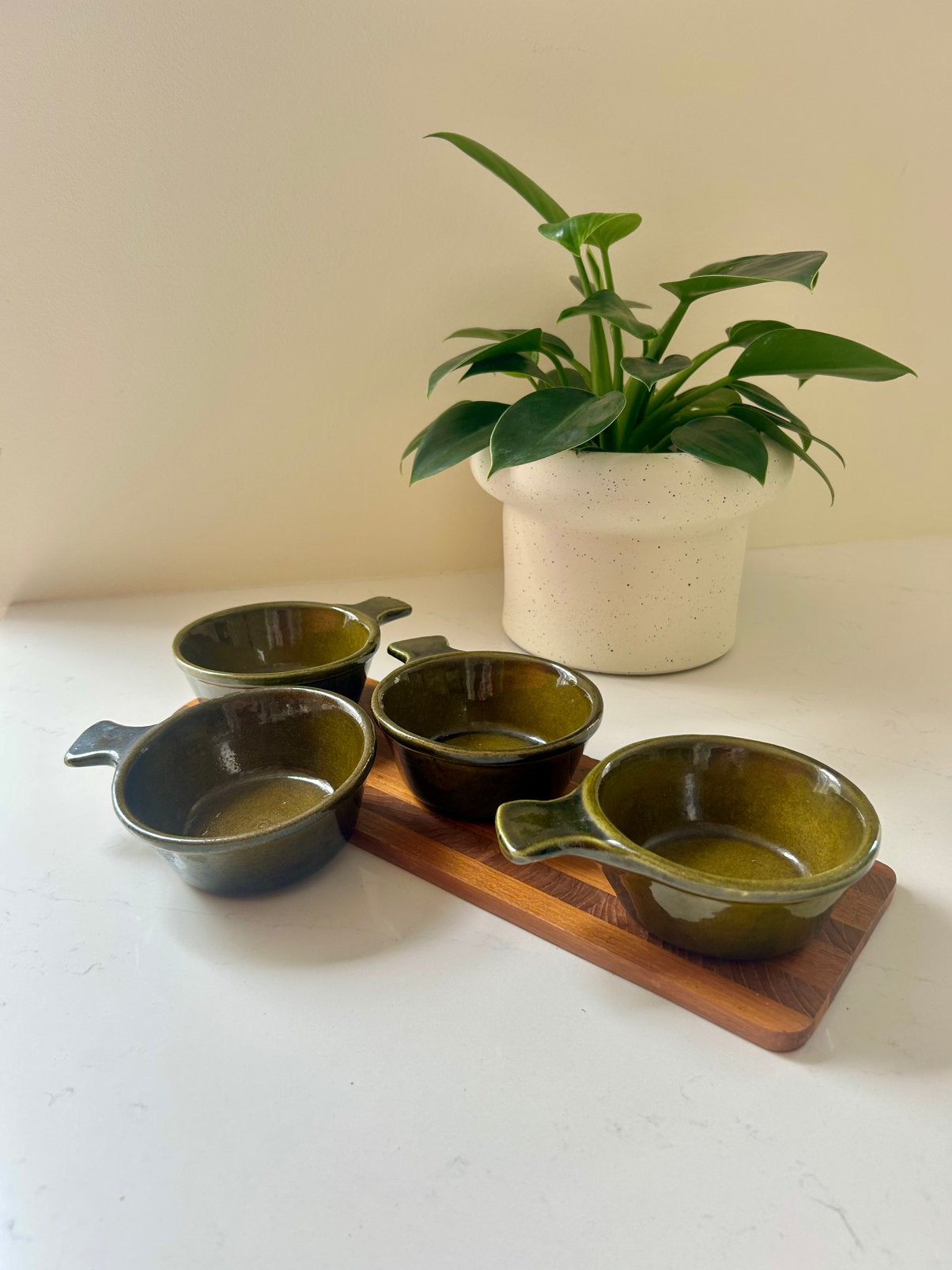 4 vintage groene ovenschaaltje Durofeu France. Seventies, Huis en Inrichting, Overige merken, Ophalen of Verzenden, Overige stijlen
