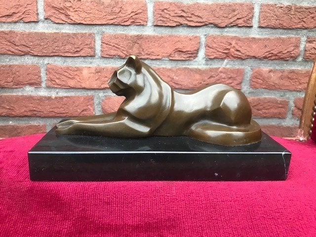 rustende kat in art-deco-stijl, brons en marmer, Ophalen of Verzenden, Brons