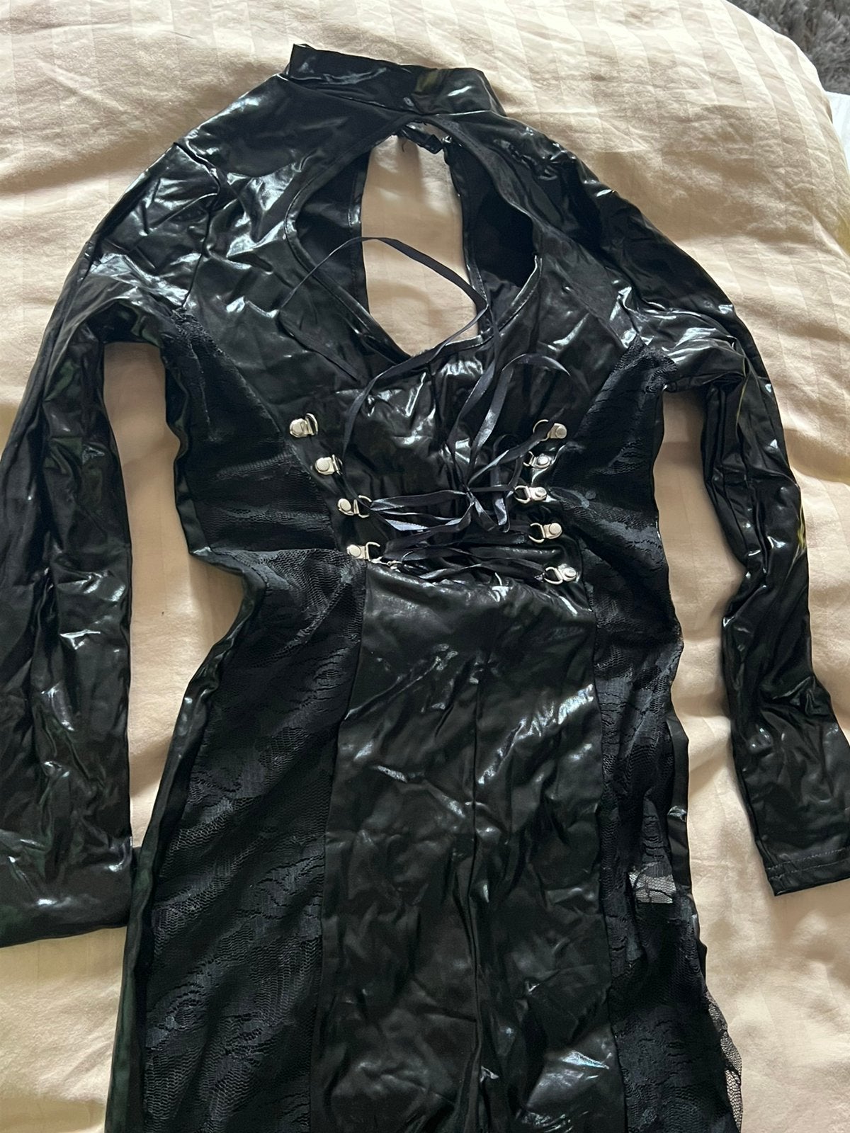 Lak leer jumpsuit m zwart kant, Verzenden, Zo goed als nieuw, Zwart, Overige typen