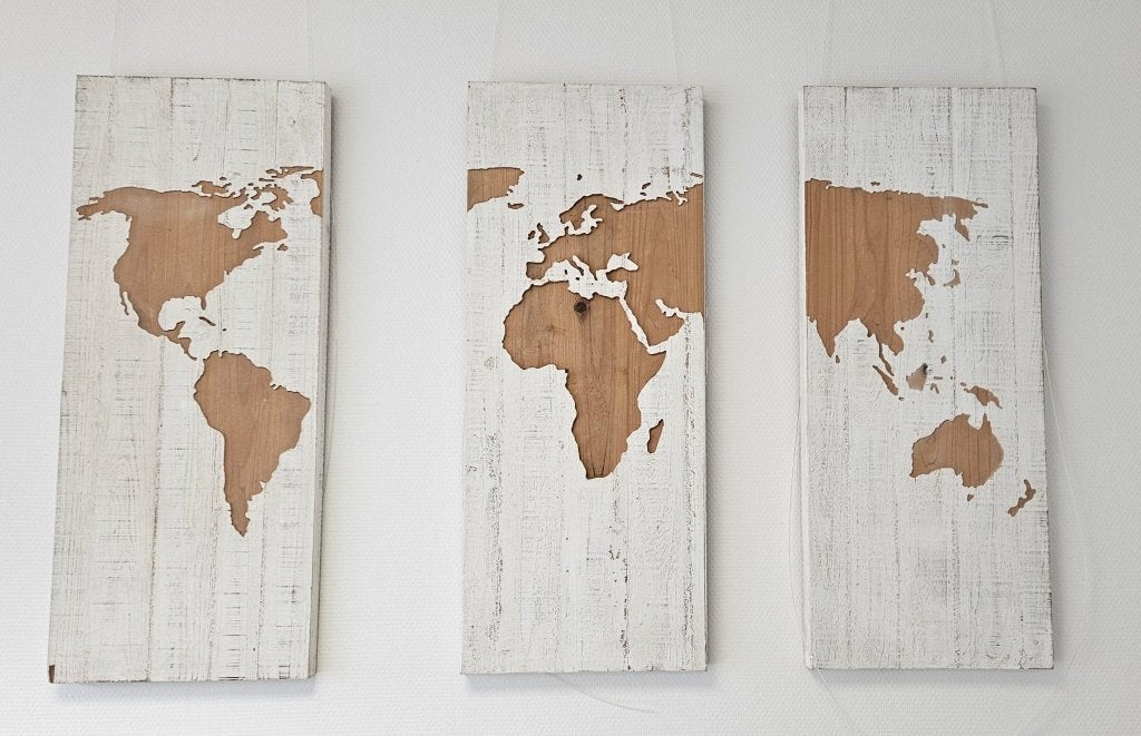 Houten Wereldkaart Wanddecoratie, 3 Luik– 75x30cm per paneel, Ophalen, 90 cm, Hout, Nieuw