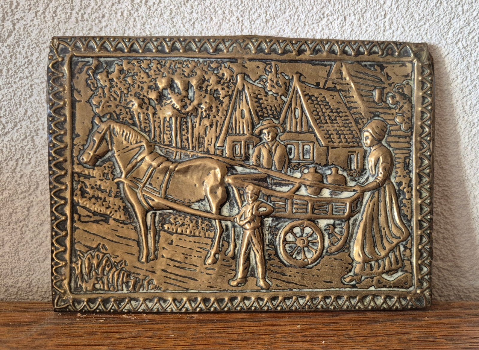 Vintage Koperen Plaquette met Boerderijtafereel, Ophalen of Verzenden, Koper
