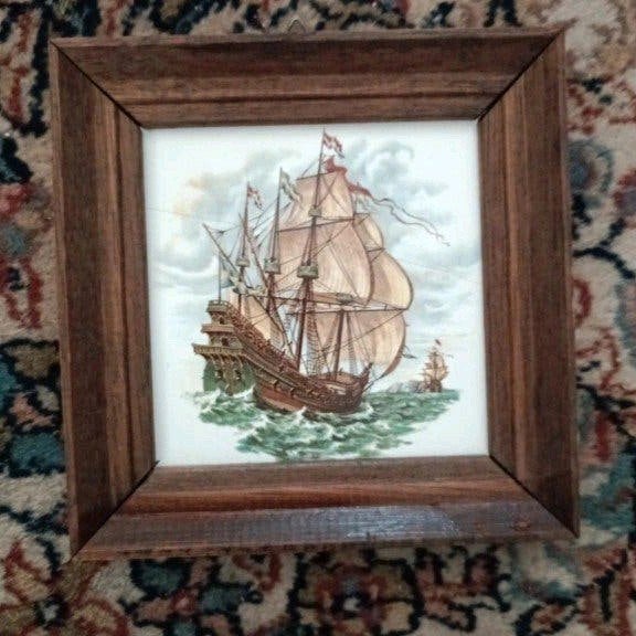Vintage ingelijst tegeltje met VOC-schip, Ophalen of Verzenden