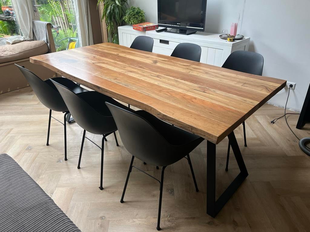Houten boomstam eettafel 200x90 met 6 stoelen, Ophalen, Gebruikt, 50 tot 100 cm, Vijf personen of meer