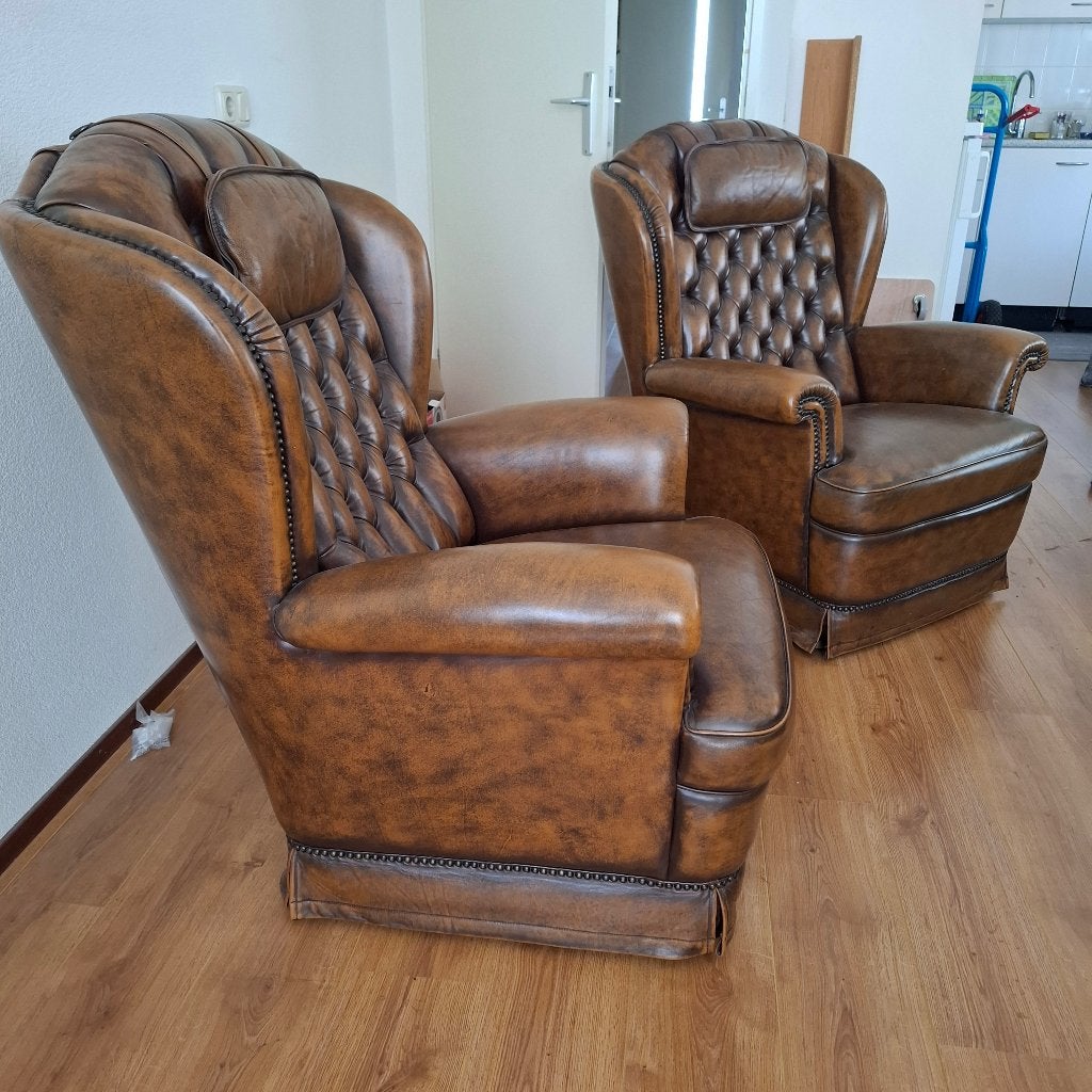 Lederen luxe bankstellen ZGAN - chesterfield look, Ophalen, Overige maten, Landelijk Engels, Zo goed als nieuw