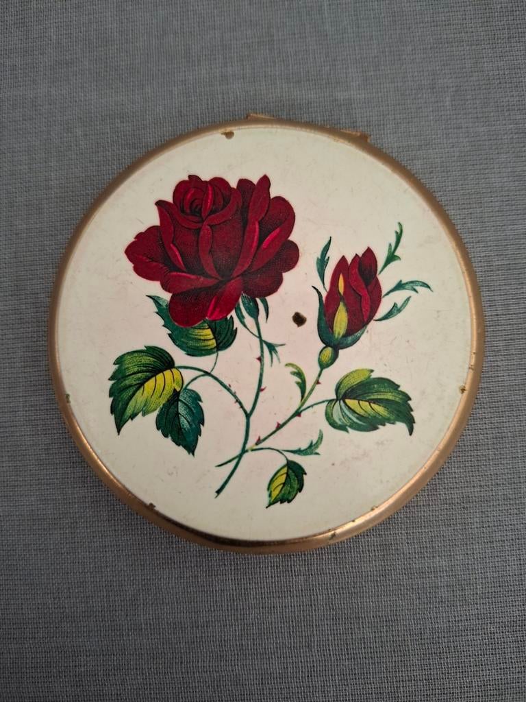 Vintage poederdoos met rode roos, Antiek en Kunst, Antiek | Overige Antiek, Ophalen of Verzenden
