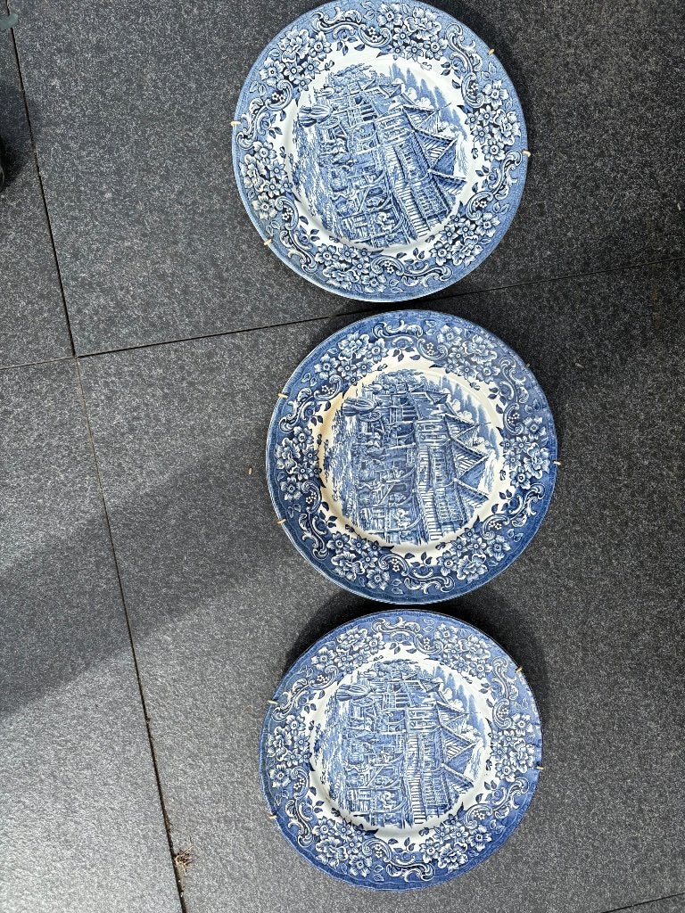 4 borden met opdruk, Ophalen, Gebruikt, Delftsblauw, Bord(en)