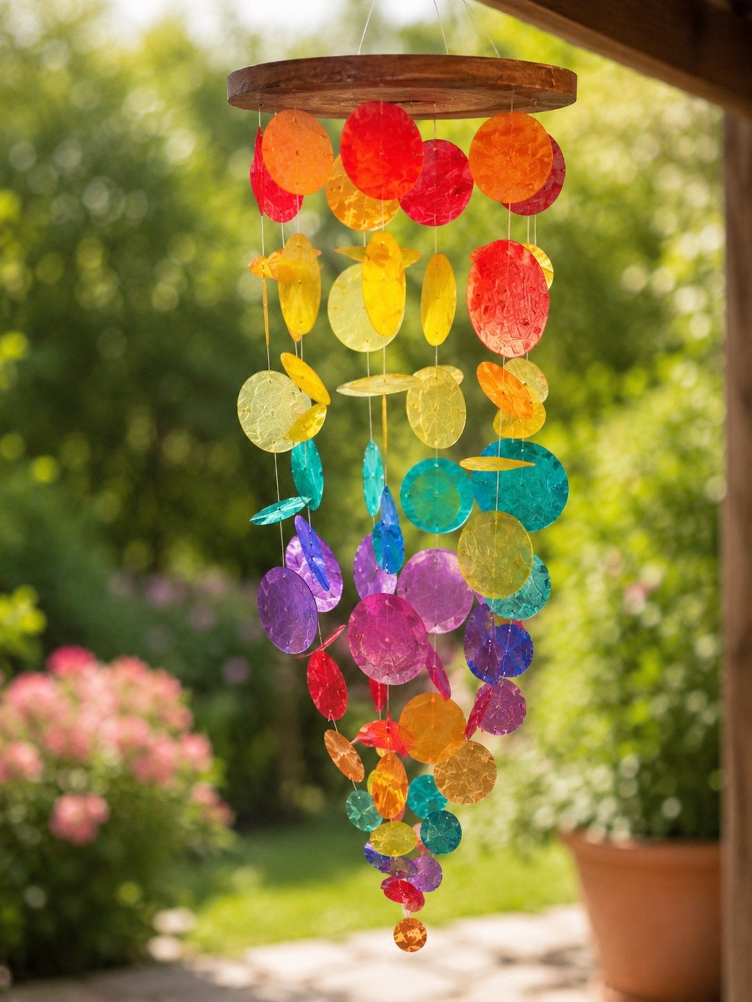 Fraaie Bali Capiz shell windgong 75 cm ín regenboogkleuren, Ophalen of Verzenden, Nieuw