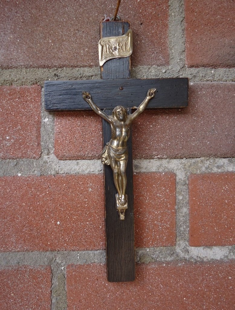 Jezus aan het kruis - Vintage - hout - oud - crucifix - TEAB, Antiek en Kunst, Ophalen of Verzenden