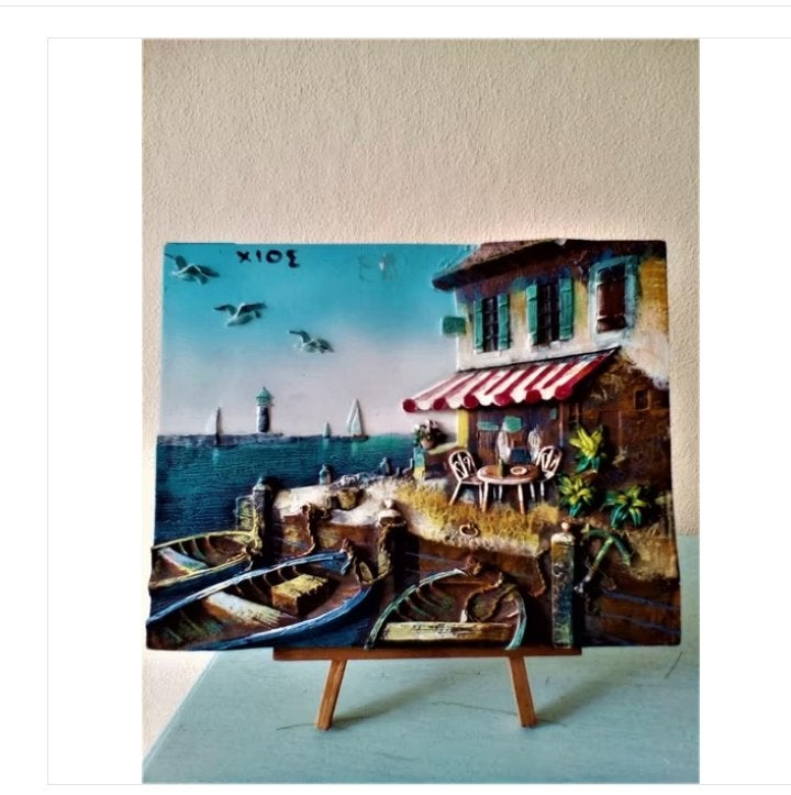 Prachtig Handgemaakt 3D Keramiek Schilderij "Chios", Minder dan 50 cm, Ophalen of Verzenden, Zo goed als nieuw, Schilderij