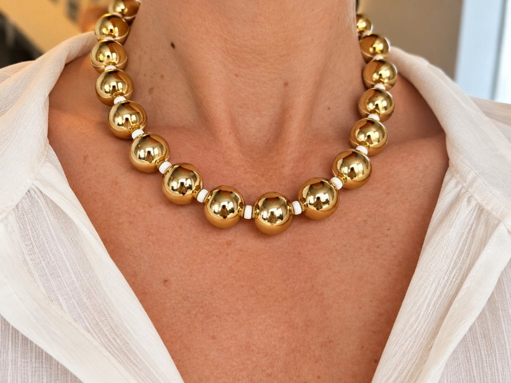 Handgemaakte gouden kralenketting met grote 18 mm kralen, Overige materialen, Verstelbaar, Nieuw, Ophalen of Verzenden