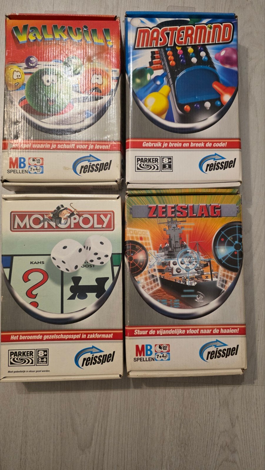 Reisspellen: Valkuil, Mastermind, Monopoly, Zeeslag, Hobby en Vrije tijd, Gezelschapsspellen | Bordspellen, Gebruikt, MB Spellen, Parker