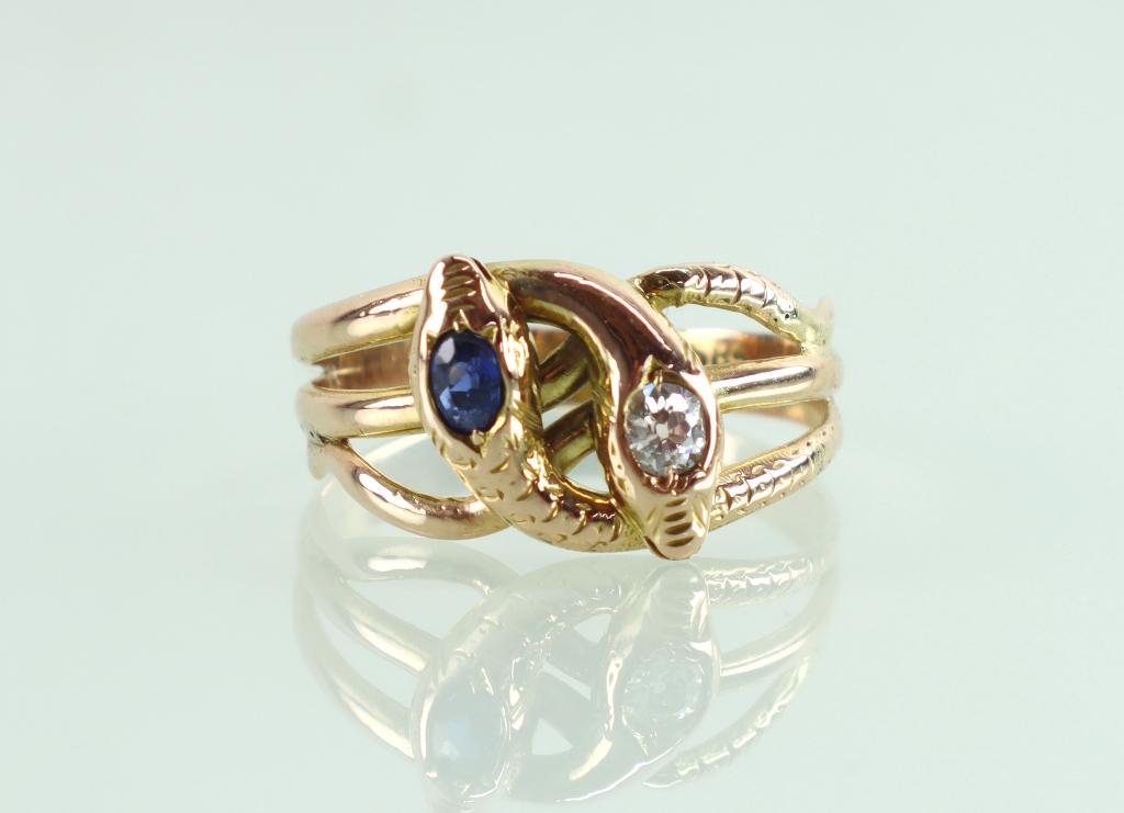 Antieke gouden ring slangen diamant saffier, Sieraden, Tassen en Uiterlijk, Antieke sieraden, Ophalen of Verzenden, Goud, Ring